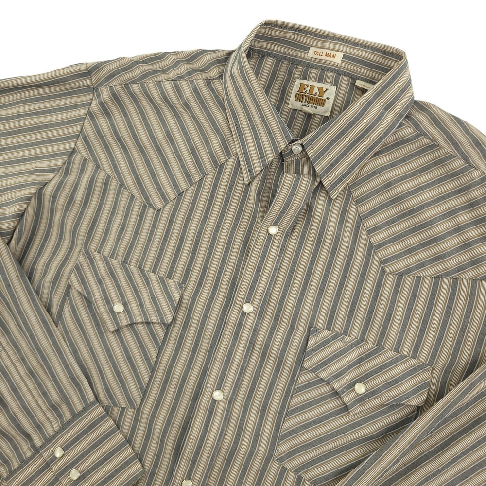 Ely Cattleman Shirt Mens XLT Brown Stripe Long Sleeve Snap Western Cowboy